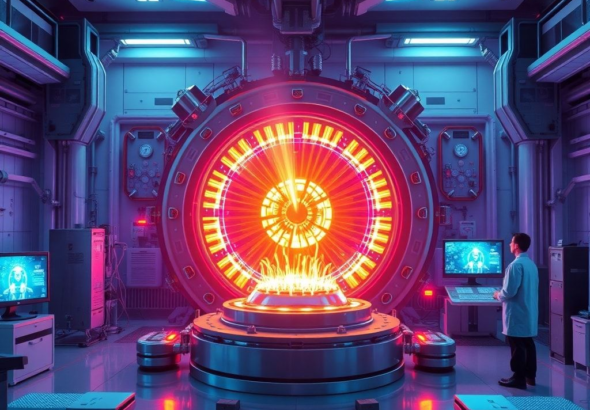 futuristic fusion reactor core glowing with intense plasma, surrounded by advanced scientific equipment in a clean, high-tech laboratory setting, scientists observing on holographic screens, vibrant blue and purple light, cinematic, ultra realistic, highly detailed, 8k quality, photorealistic
