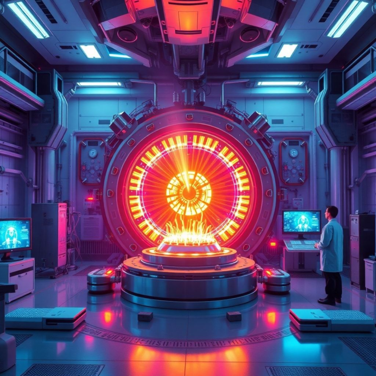 futuristic fusion reactor core glowing with intense plasma, surrounded by advanced scientific equipment in a clean, high-tech laboratory setting, scientists observing on holographic screens, vibrant blue and purple light, cinematic, ultra realistic, highly detailed, 8k quality, photorealistic