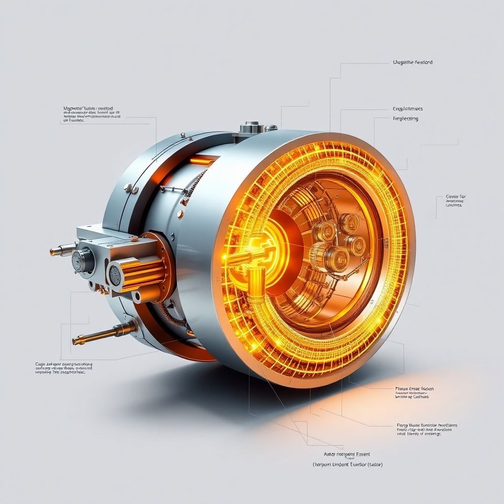 breakthrough - intricate diagram of a compact, advanced fusion reactor design, showing magnetic field lines, plasma confineme