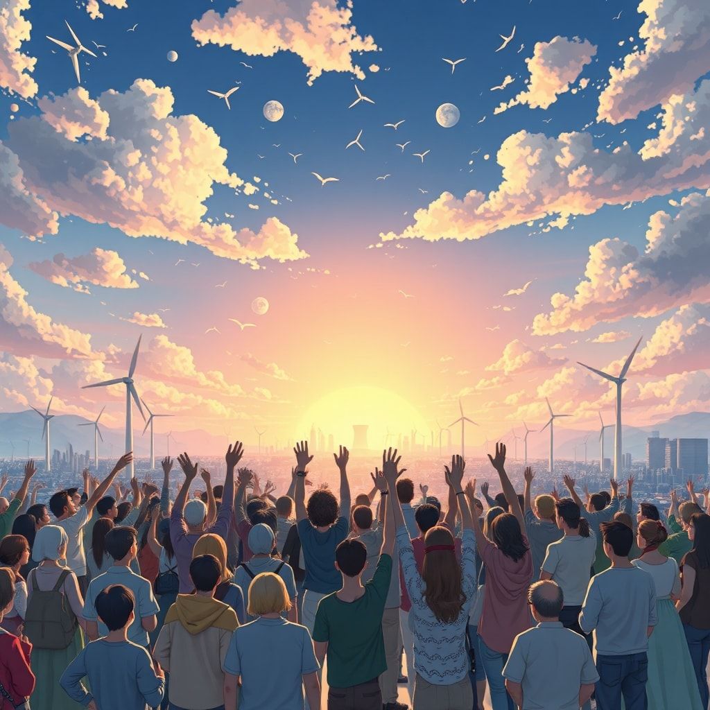 breakthrough - diverse group of people from around the world celebrating under a sky filled with clean energy symbols like wi