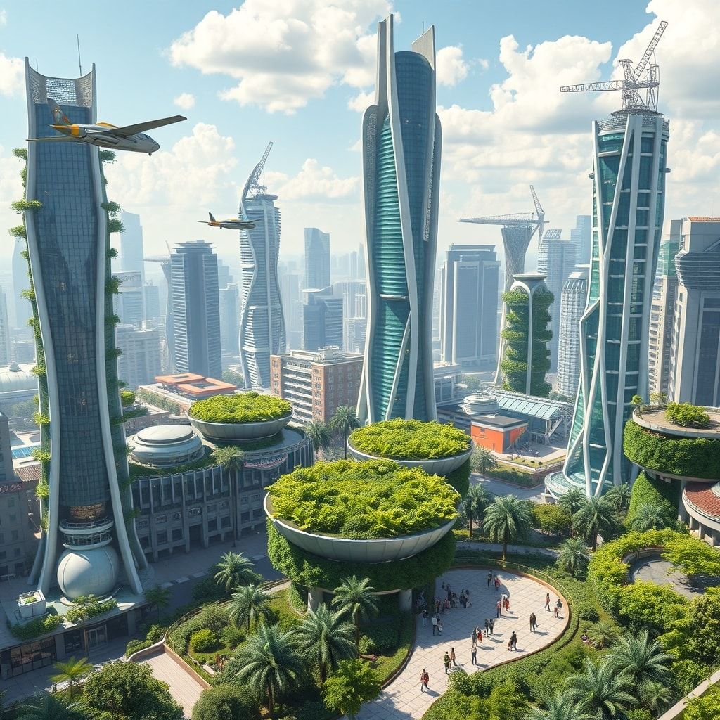 breakthrough - futuristic cityscape powered by clean, abundant energy, with flying vehicles, lush vertical gardens, and peopl