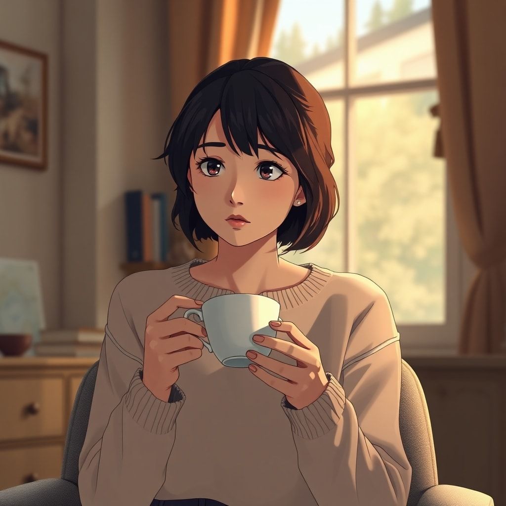 aita - A thoughtful woman looking contemplative, sitting alone in a quiet, softly lit room, perhaps a home office or a cozy l