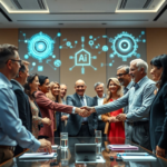 A diverse group of world leaders in a modern, brightly lit conference room, shaking hands and smiling, with holographic projections of AI algorithms and data streams in the background, conveying a sense of unity and technological advancement, cinematic, highly detailed, 8k quality, photorealistic