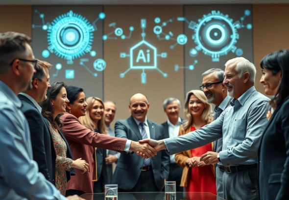 A diverse group of world leaders in a modern, brightly lit conference room, shaking hands and smiling, with holographic projections of AI algorithms and data streams in the background, conveying a sense of unity and technological advancement, cinematic, highly detailed, 8k quality, photorealistic