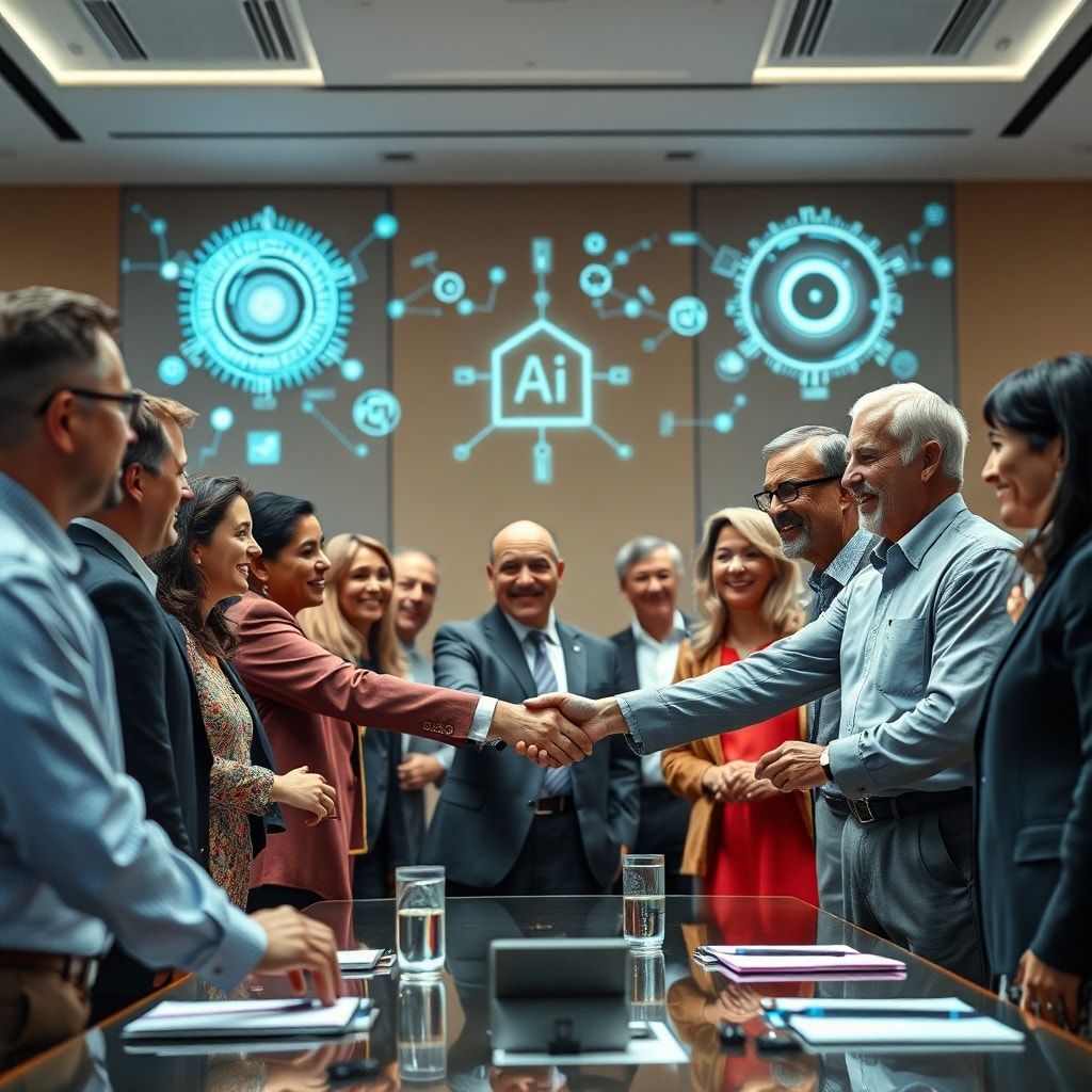 A diverse group of world leaders in a modern, brightly lit conference room, shaking hands and smiling, with holographic projections of AI algorithms and data streams in the background, conveying a sense of unity and technological advancement, cinematic, highly detailed, 8k quality, photorealistic
