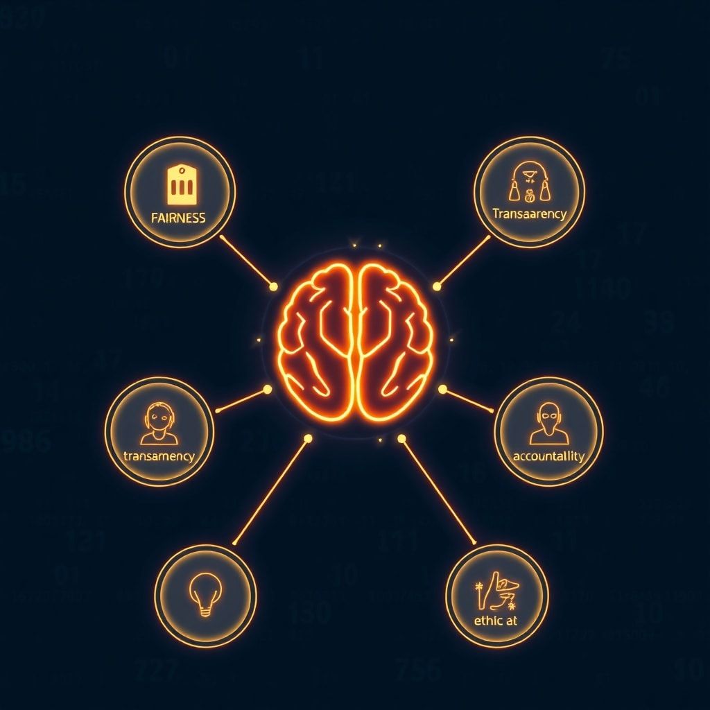 A detailed infographic showing interconnected ethical principles like fairness, transparency, and accountability, linked by g