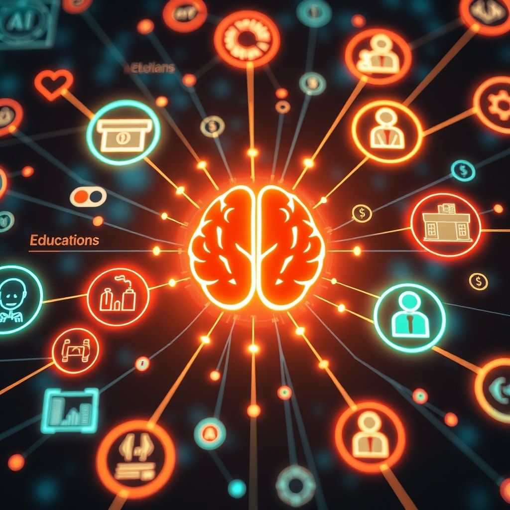A conceptual image showing a network of diverse industries and societal elements (e.g., healthcare, education, finance, indiv