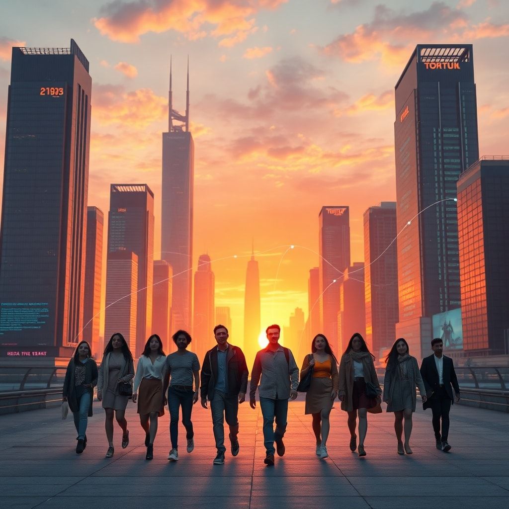 A futuristic cityscape at sunset, with holographic data streams flowing between skyscrapers and a diverse group of people fro
