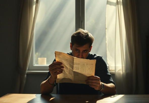 A person sitting alone at a kitchen table, looking distraught and holding a crumpled old document. Sunlight streams through a window, highlighting dust motes in the air. The mood is somber and reflective, with muted colors and a sense of quiet shock. Cinematic, highly detailed, photorealistic, 8k quality.