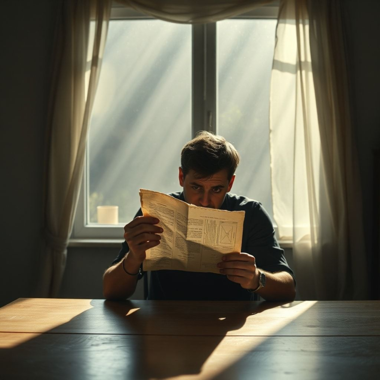A person sitting alone at a kitchen table, looking distraught and holding a crumpled old document. Sunlight streams through a window, highlighting dust motes in the air. The mood is somber and reflective, with muted colors and a sense of quiet shock. Cinematic, highly detailed, photorealistic, 8k quality.