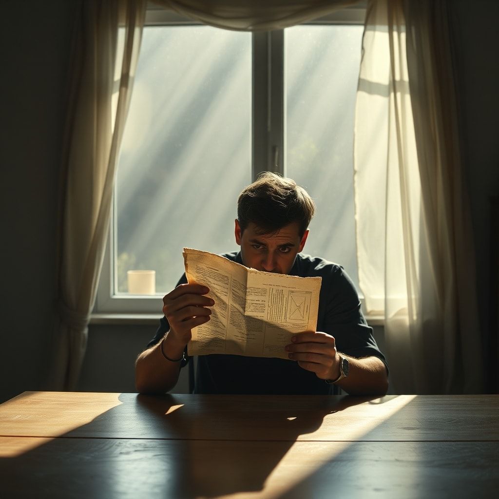 A person sitting alone at a kitchen table, looking distraught and holding a crumpled old document. Sunlight streams through a window, highlighting dust motes in the air. The mood is somber and reflective, with muted colors and a sense of quiet shock. Cinematic, highly detailed, photorealistic, 8k quality.