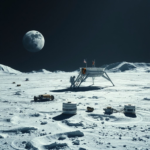 A wide shot of the lunar South Pole with a futuristic human lander gently touching down, an astronaut in a modern spacesuit is disembarking, Earth visible in the background, icy craters and shadowed peaks, crisp moonlight, scientific equipment scattered around, highly detailed, photorealistic, cinematic, 8k quality