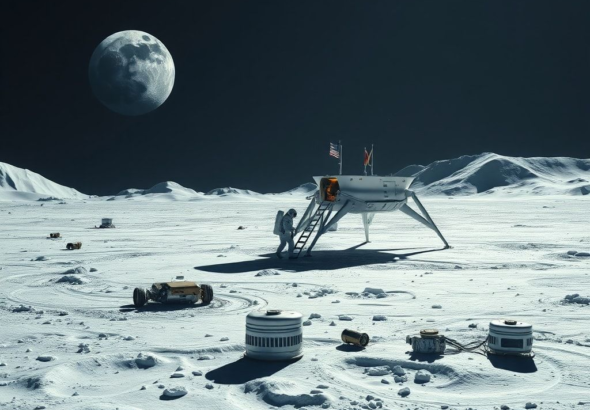 A wide shot of the lunar South Pole with a futuristic human lander gently touching down, an astronaut in a modern spacesuit is disembarking, Earth visible in the background, icy craters and shadowed peaks, crisp moonlight, scientific equipment scattered around, highly detailed, photorealistic, cinematic, 8k quality