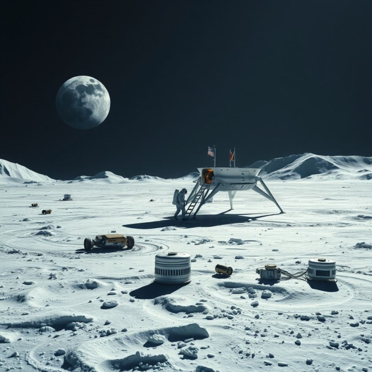 A wide shot of the lunar South Pole with a futuristic human lander gently touching down, an astronaut in a modern spacesuit is disembarking, Earth visible in the background, icy craters and shadowed peaks, crisp moonlight, scientific equipment scattered around, highly detailed, photorealistic, cinematic, 8k quality