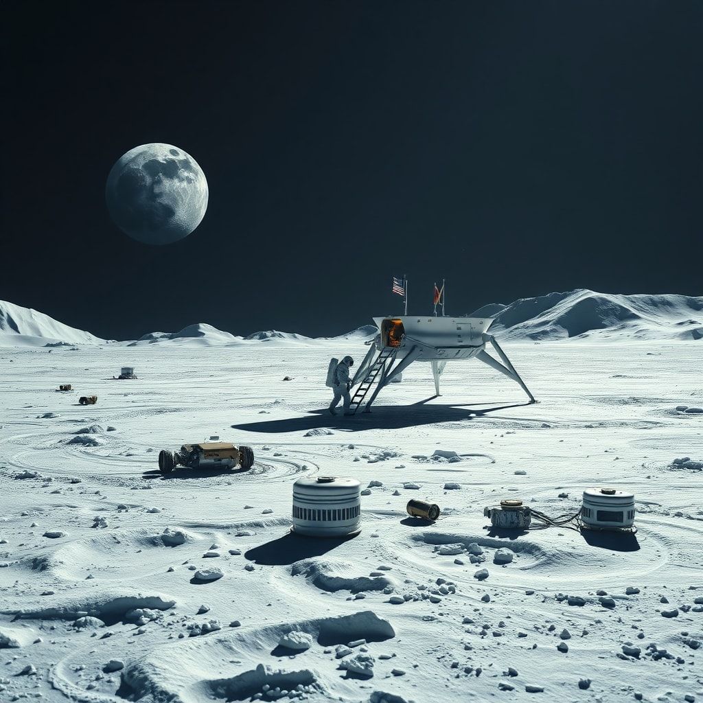 A wide shot of the lunar South Pole with a futuristic human lander gently touching down, an astronaut in a modern spacesuit is disembarking, Earth visible in the background, icy craters and shadowed peaks, crisp moonlight, scientific equipment scattered around, highly detailed, photorealistic, cinematic, 8k quality