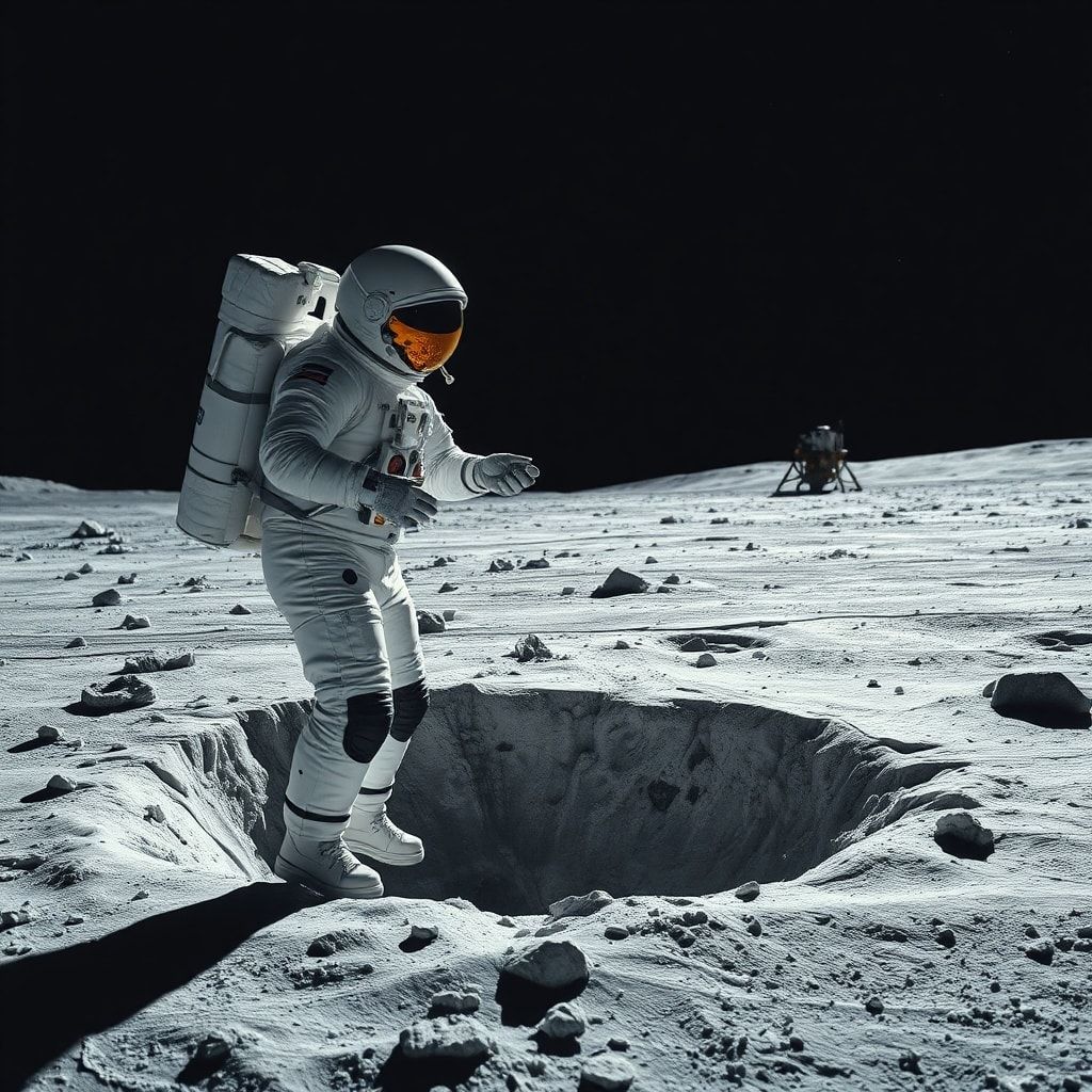 artemis - An astronaut in a modern, sleek spacesuit collecting rock and ice samples from a shadowed crater on the Moon's Sout