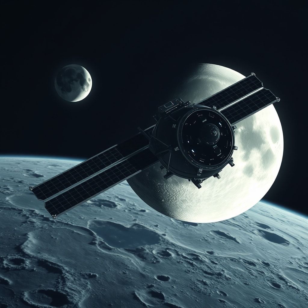 artemis - A detailed rendering of the Orion spacecraft orbiting the Moon, with the lunar surface visible below, Earth glowing