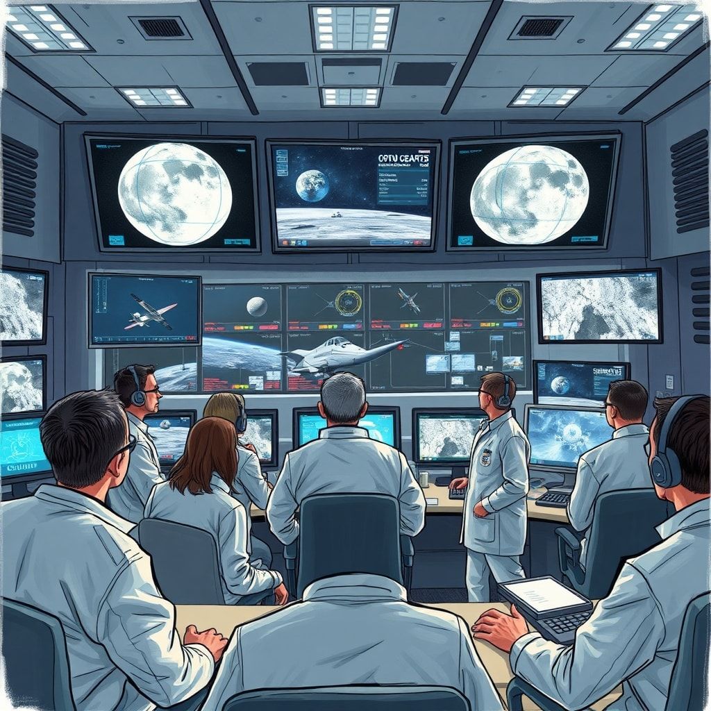 artemis - A diverse group of scientists and engineers in a modern mission control center, looking at large screens displaying
