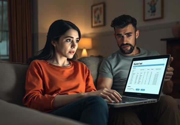 A couple sitting on a sofa, looking at a laptop screen with shocked and confused expressions. The living room is dimly lit, reflecting the somber mood. The laptop screen shows a genetic test result page with complex data. A child's drawing is visible on the wall in the background, contrasting with the tension. Warm, natural lighting, cinematic atmosphere, ultra realistic, highly detailed, 8k quality, photorealistic