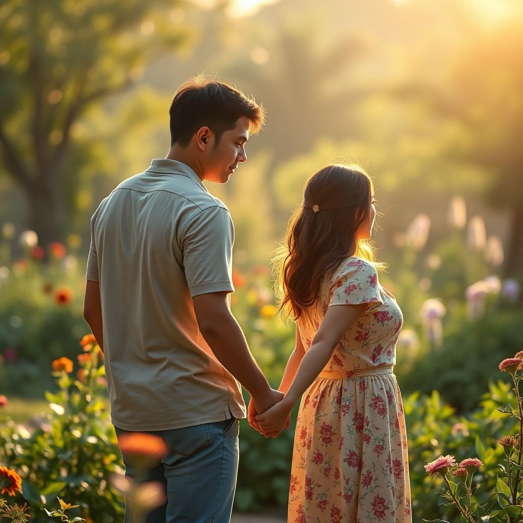 confession - A couple holding hands, their faces showing a mix of sadness and determination, looking towards a hopeful horizo