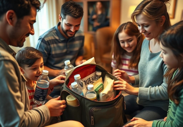 A diverse group of people, including families and individuals of different ages, actively engaged in preparing for an emergency. They are packing a sturdy backpack with essential supplies like water bottles, first aid kits, and non-perishable food. The setting is a cozy, well-lit home, suggesting a proactive and calm approach to readiness. Warm, natural lighting, realistic, detailed, soft focus background, educational tone