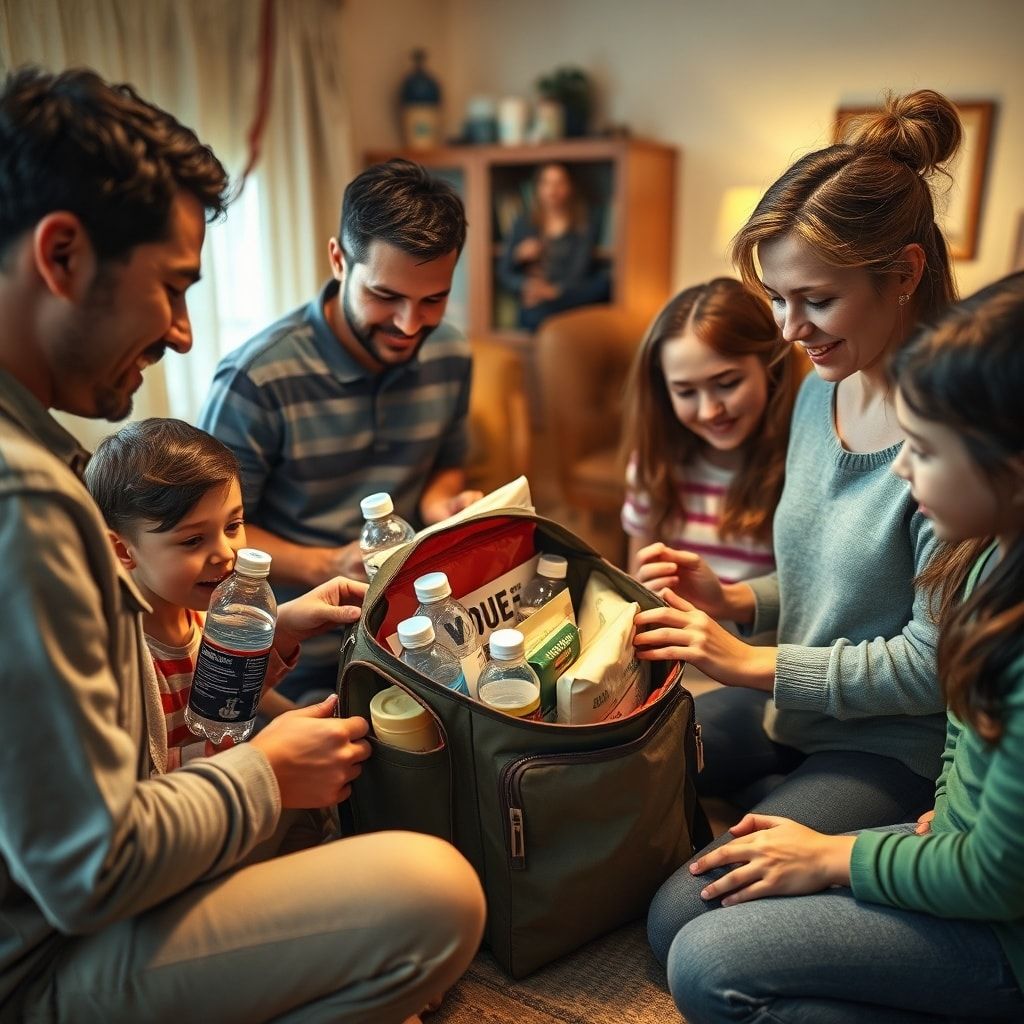 A diverse group of people, including families and individuals of different ages, actively engaged in preparing for an emergency. They are packing a sturdy backpack with essential supplies like water bottles, first aid kits, and non-perishable food. The setting is a cozy, well-lit home, suggesting a proactive and calm approach to readiness. Warm, natural lighting, realistic, detailed, soft focus background, educational tone