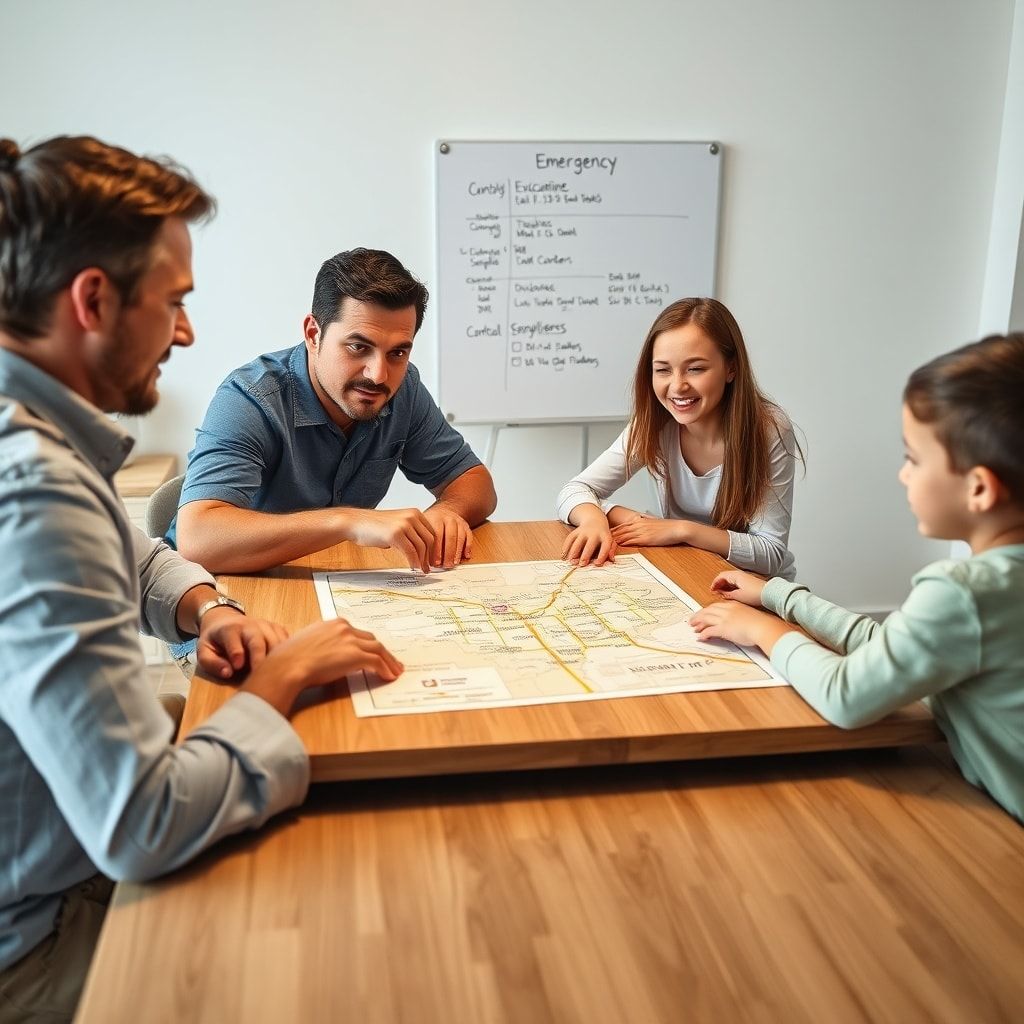 A family of four (two adults, two children) sitting around a table, actively discussing and mapping out an emergency plan. Th