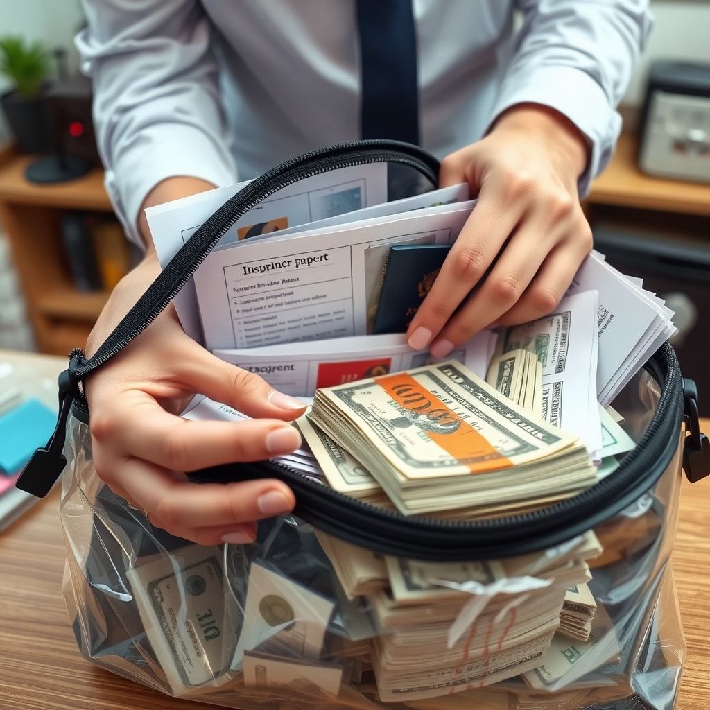 emergency - A close-up of hands organizing important documents and cash into a waterproof, fireproof bag. The documents inclu