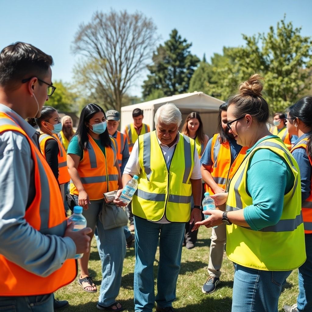 A diverse group of community volunteers wearing reflective vests, actively participating in a simulated emergency drill. They