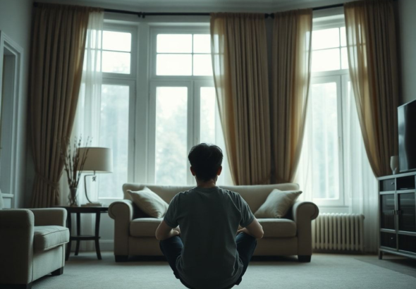 A person sitting alone in a beautifully furnished, yet empty-feeling living room, gazing out a window with a look of deep regret and sadness. The room is clean and well-maintained, but the atmosphere is heavy and melancholic. Soft, natural light filters through, highlighting dust motes in the air, emphasizing a sense of isolation. The person's posture is slumped, conveying immense emotional burden. Cinematic, realistic, highly detailed, muted color palette, 8k quality, photorealistic