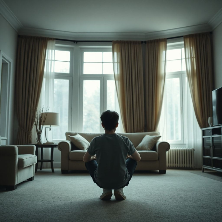 A person sitting alone in a beautifully furnished, yet empty-feeling living room, gazing out a window with a look of deep regret and sadness. The room is clean and well-maintained, but the atmosphere is heavy and melancholic. Soft, natural light filters through, highlighting dust motes in the air, emphasizing a sense of isolation. The person's posture is slumped, conveying immense emotional burden. Cinematic, realistic, highly detailed, muted color palette, 8k quality, photorealistic