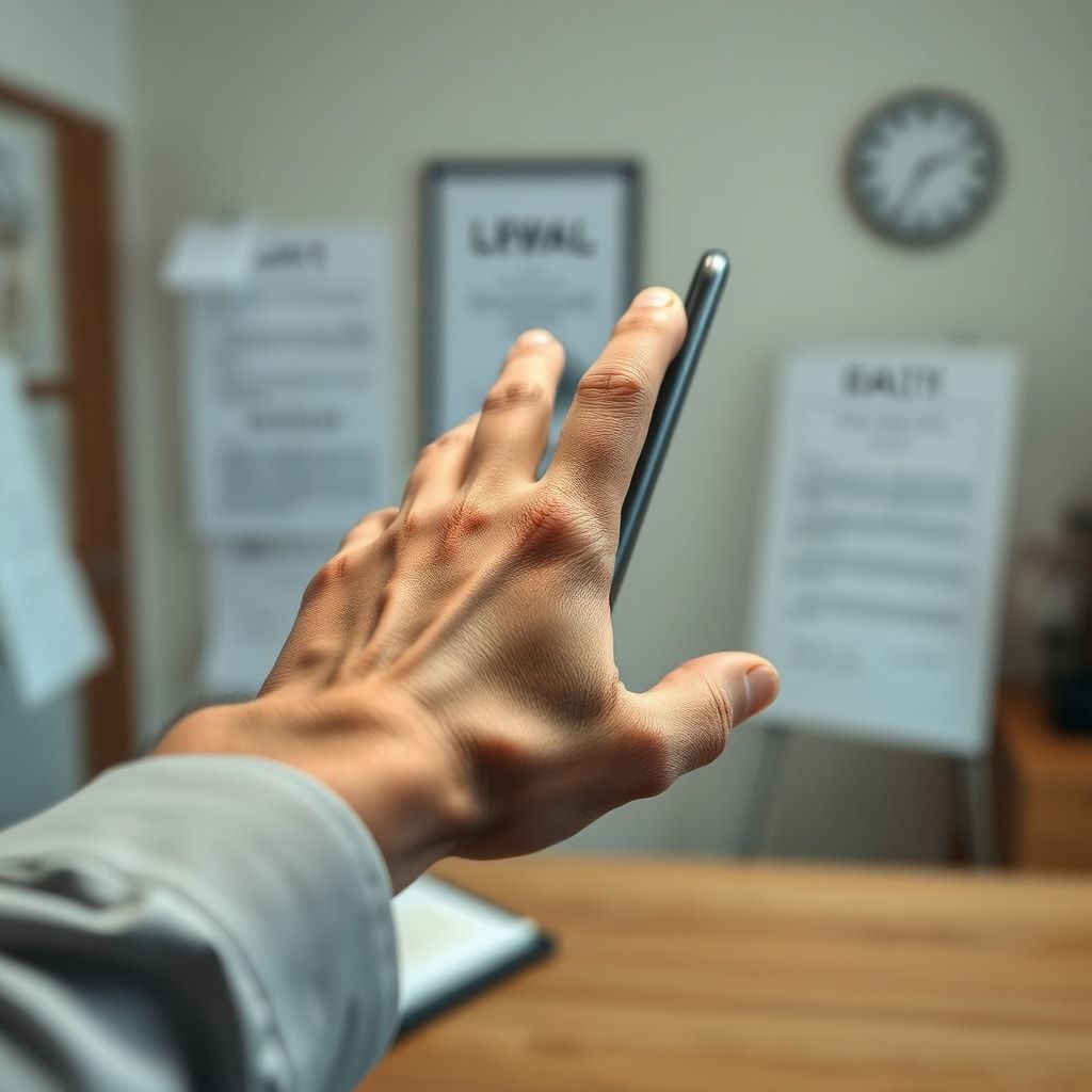 A person's hand hesitantly reaching for a phone, with a blurred background of legal documents and a therapist's office settin