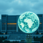 A detailed rendering of the United Nations headquarters in New York, with a shimmering, holographic globe in the foreground depicting interconnected AI network nodes. The scene is bathed in a soft, optimistic glow, symbolizing global cooperation and the unveiling of a new era in technology governance. Blue and green hues dominate, suggesting peace and innovation, highly detailed, cinematic, 8k quality, photorealistic