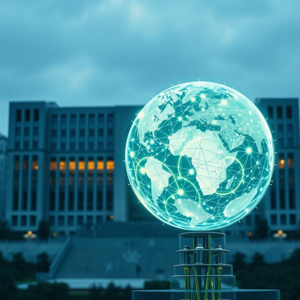 A detailed rendering of the United Nations headquarters in New York, with a shimmering, holographic globe in the foreground depicting interconnected AI network nodes. The scene is bathed in a soft, optimistic glow, symbolizing global cooperation and the unveiling of a new era in technology governance. Blue and green hues dominate, suggesting peace and innovation, highly detailed, cinematic, 8k quality, photorealistic