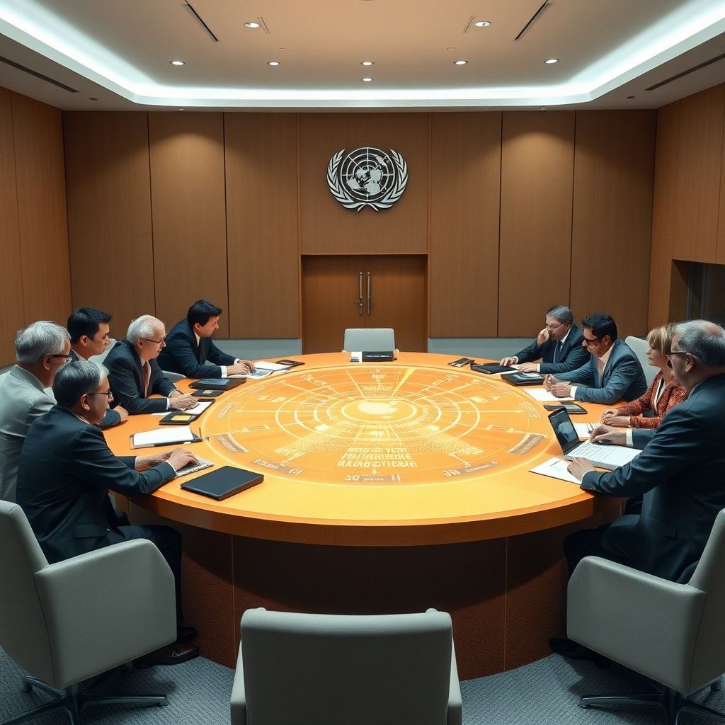 A diverse group of global leaders and experts from various backgrounds, including scientists, policymakers, and ethicists, ga