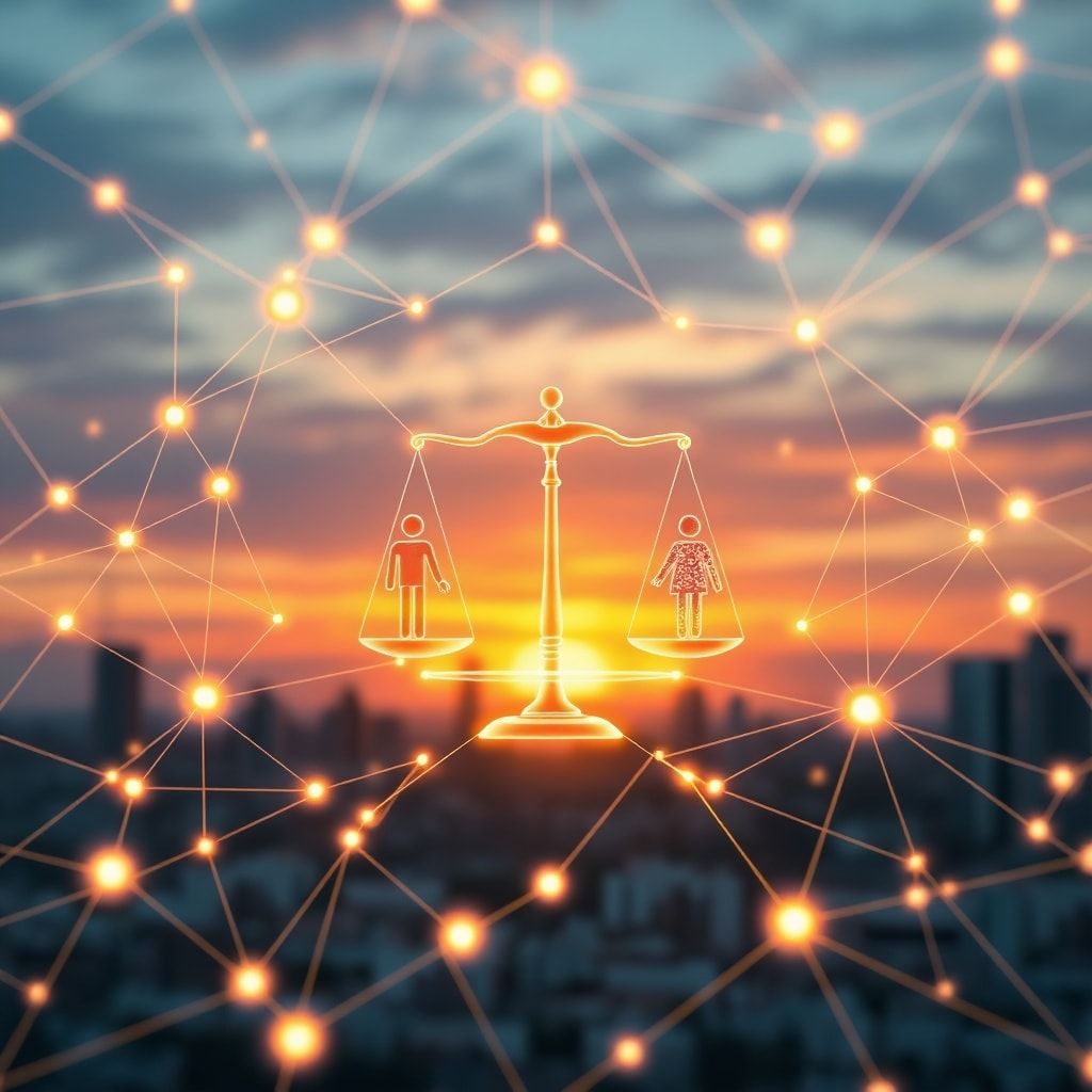 expert - An abstract, stylized representation of AI ethics and governance. Interconnected glowing lines form a complex networ