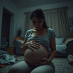 A woman sitting alone in a dimly lit living room, clutching her pregnant belly, tears silently streaming down her face, a look of profound fear and regret on her features. The room is slightly messy, reflecting her inner turmoil, with soft, muted colors and a sense of quiet despair. Cinematic, realistic, high detail, 8k quality, emotional depth.