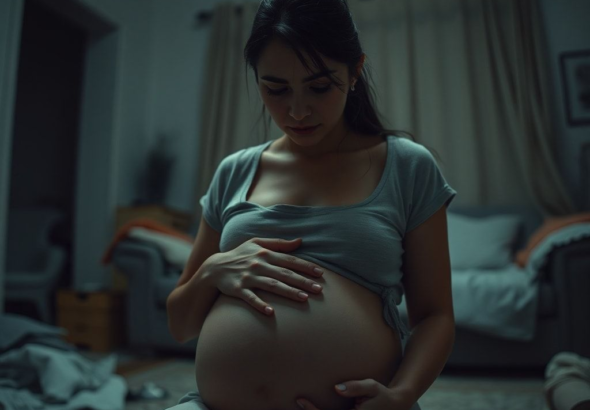 A woman sitting alone in a dimly lit living room, clutching her pregnant belly, tears silently streaming down her face, a look of profound fear and regret on her features. The room is slightly messy, reflecting her inner turmoil, with soft, muted colors and a sense of quiet despair. Cinematic, realistic, high detail, 8k quality, emotional depth.