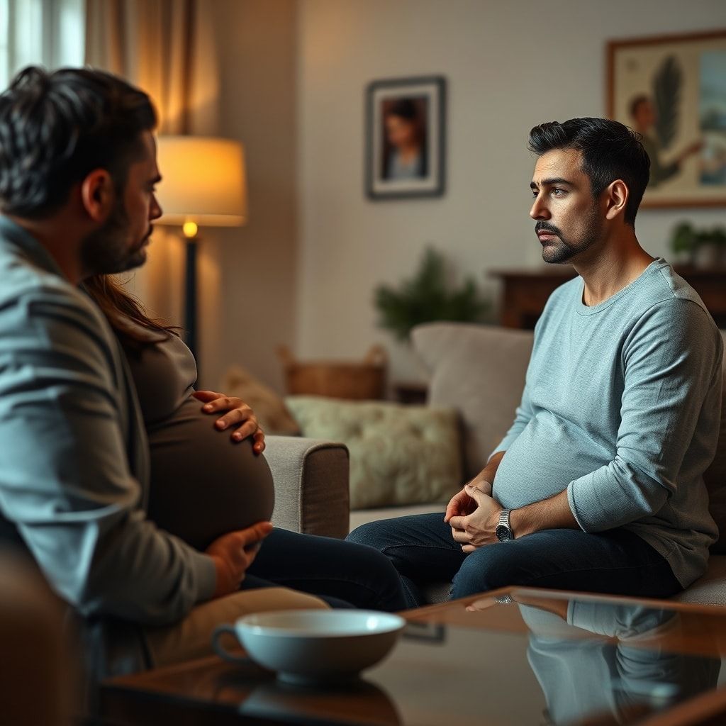 confession - A pregnant woman sitting across a coffee table from a man, both looking serious and pensive. The woman has a han