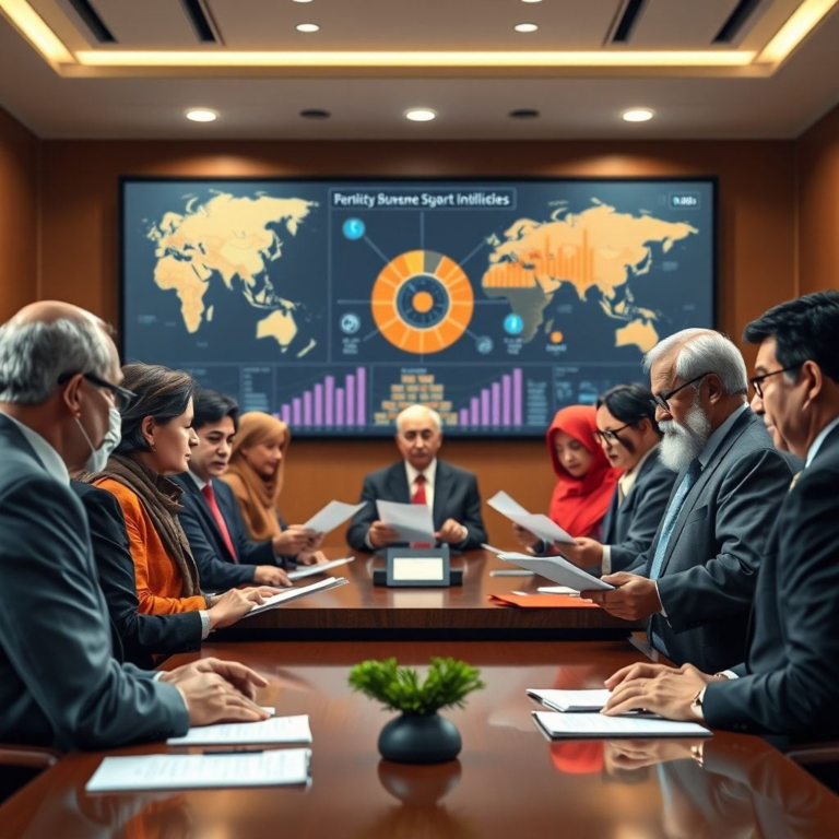 Diverse group of world leaders from different continents in a formal meeting room, discussing documents, with a large digital display showing graphs and AI-related concepts in the background. The atmosphere is serious and collaborative, with warm, professional lighting, cinematic, ultra realistic, highly detailed, 8k quality, photorealistic