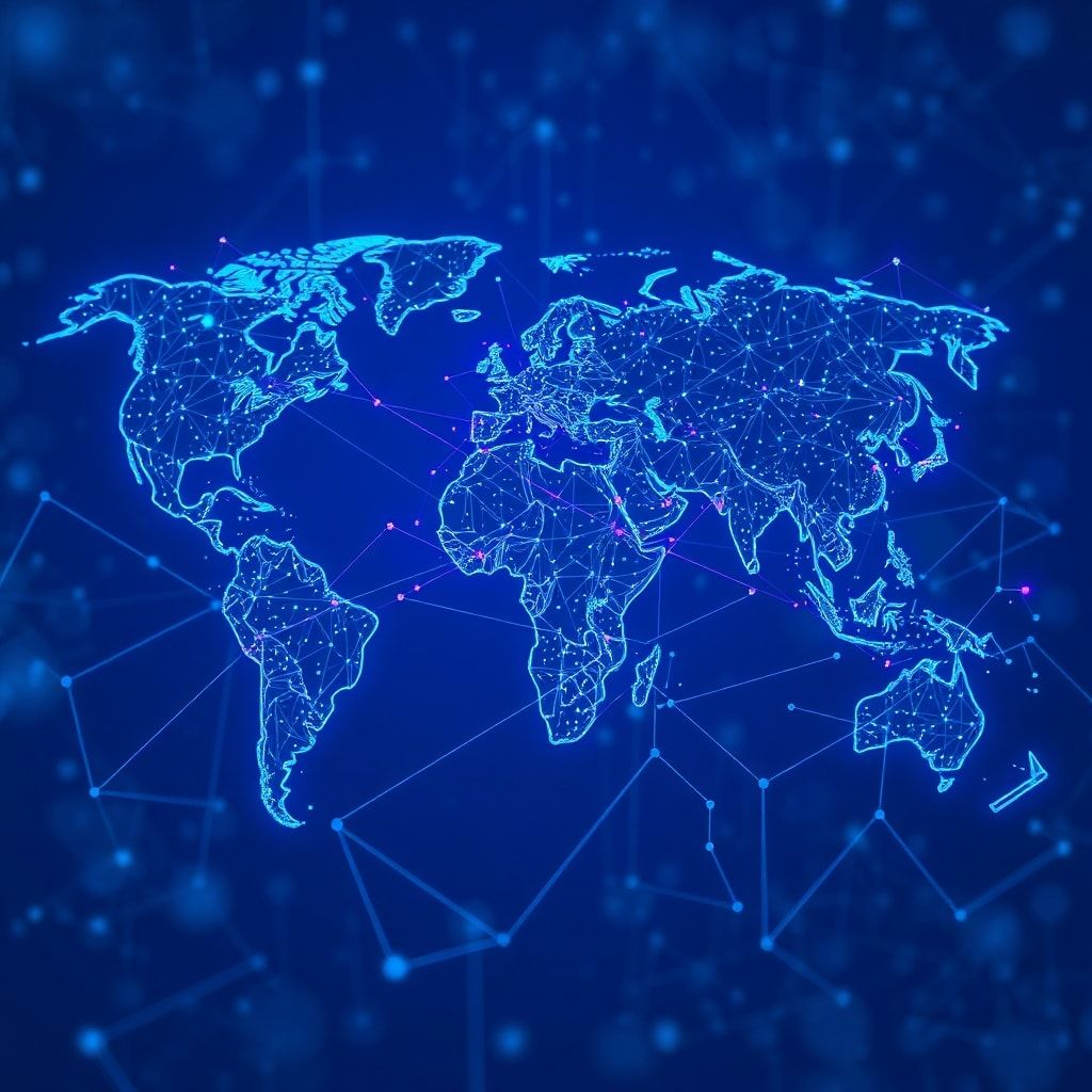 Abstract representation of a complex global AI network, with interconnected nodes and data streams flowing across continents,