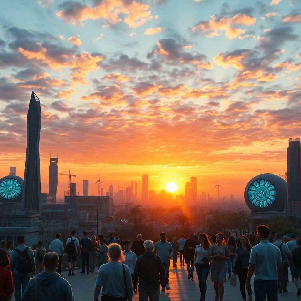 global - A futuristic cityscape at sunset, with clean energy sources and integrated AI systems operating seamlessly in the ba