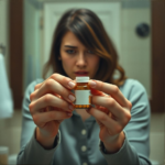 A woman's hands nervously holding a small, unmarked pill bottle, with a blurred background of a bathroom counter and a worried expression on her face, soft, low lighting, realistic, cinematic, shallow depth of field, emotional tension