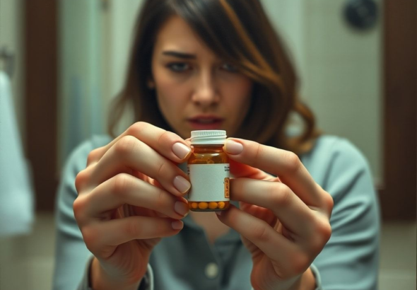 A woman's hands nervously holding a small, unmarked pill bottle, with a blurred background of a bathroom counter and a worried expression on her face, soft, low lighting, realistic, cinematic, shallow depth of field, emotional tension
