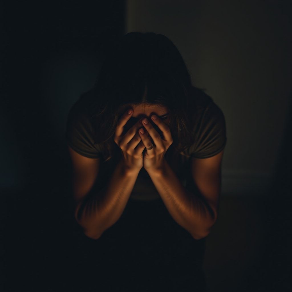 confession - A woman sitting alone in a dimly lit room, her face buried in her hands, reflecting deep despair and regret, wit