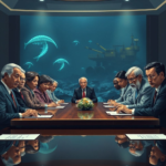 A dramatic, highly detailed illustration depicting a signing ceremony for a new international treaty, with diverse world leaders in professional attire, some with concerned expressions, at a large polished table. In the background, a stylized deep-sea environment with bioluminescent creatures and distant mining machinery hints at the treaty's subject. The mood is serious and contemplative, with a subtle tension in the air, cinematic lighting, ultra realistic, 8k quality, photorealistic