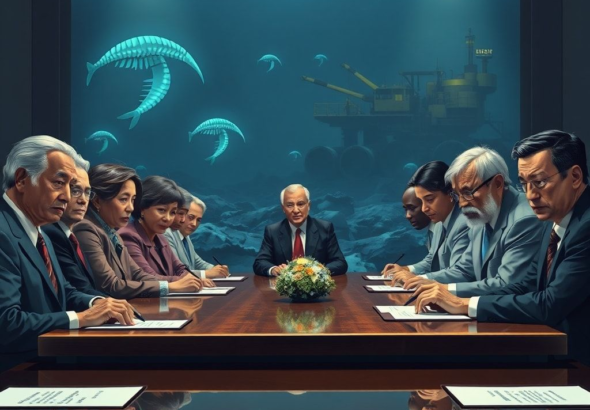 A dramatic, highly detailed illustration depicting a signing ceremony for a new international treaty, with diverse world leaders in professional attire, some with concerned expressions, at a large polished table. In the background, a stylized deep-sea environment with bioluminescent creatures and distant mining machinery hints at the treaty's subject. The mood is serious and contemplative, with a subtle tension in the air, cinematic lighting, ultra realistic, 8k quality, photorealistic