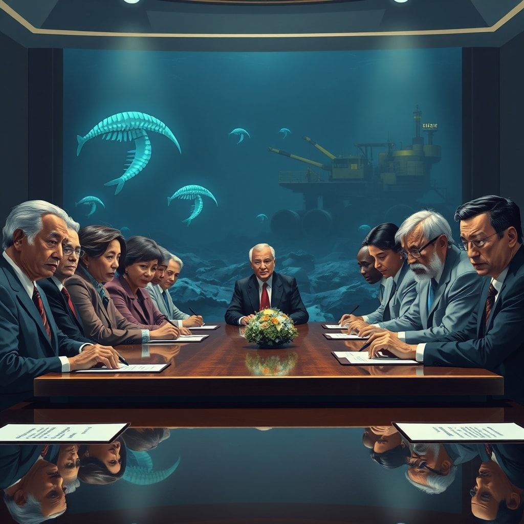 A dramatic, highly detailed illustration depicting a signing ceremony for a new international treaty, with diverse world leaders in professional attire, some with concerned expressions, at a large polished table. In the background, a stylized deep-sea environment with bioluminescent creatures and distant mining machinery hints at the treaty's subject. The mood is serious and contemplative, with a subtle tension in the air, cinematic lighting, ultra realistic, 8k quality, photorealistic