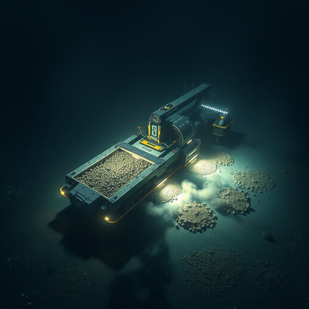 discoveries - An advanced deep-sea mining vehicle operating on the abyssal plain, illuminated by powerful lights, collecting