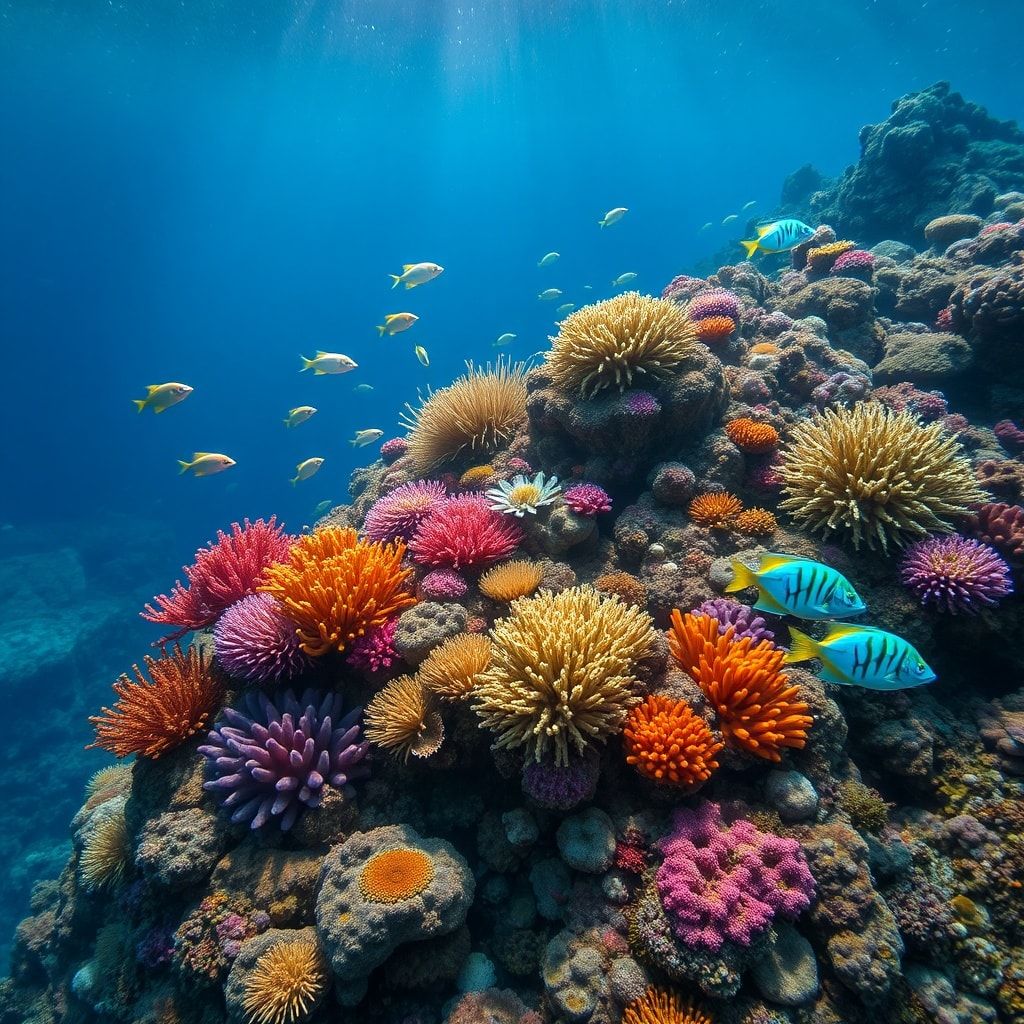 discoveries - A vibrant and diverse deep-sea ecosystem with colorful corals, sponges, and unique bioluminescent fish thriving